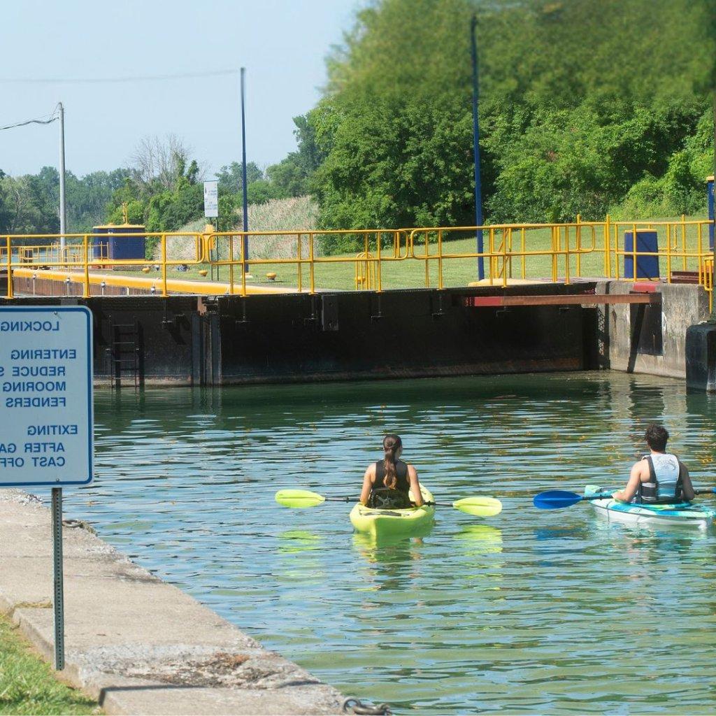 kayak waiting for the lock to open on the to enter the Erie Canal in Cayuga NY